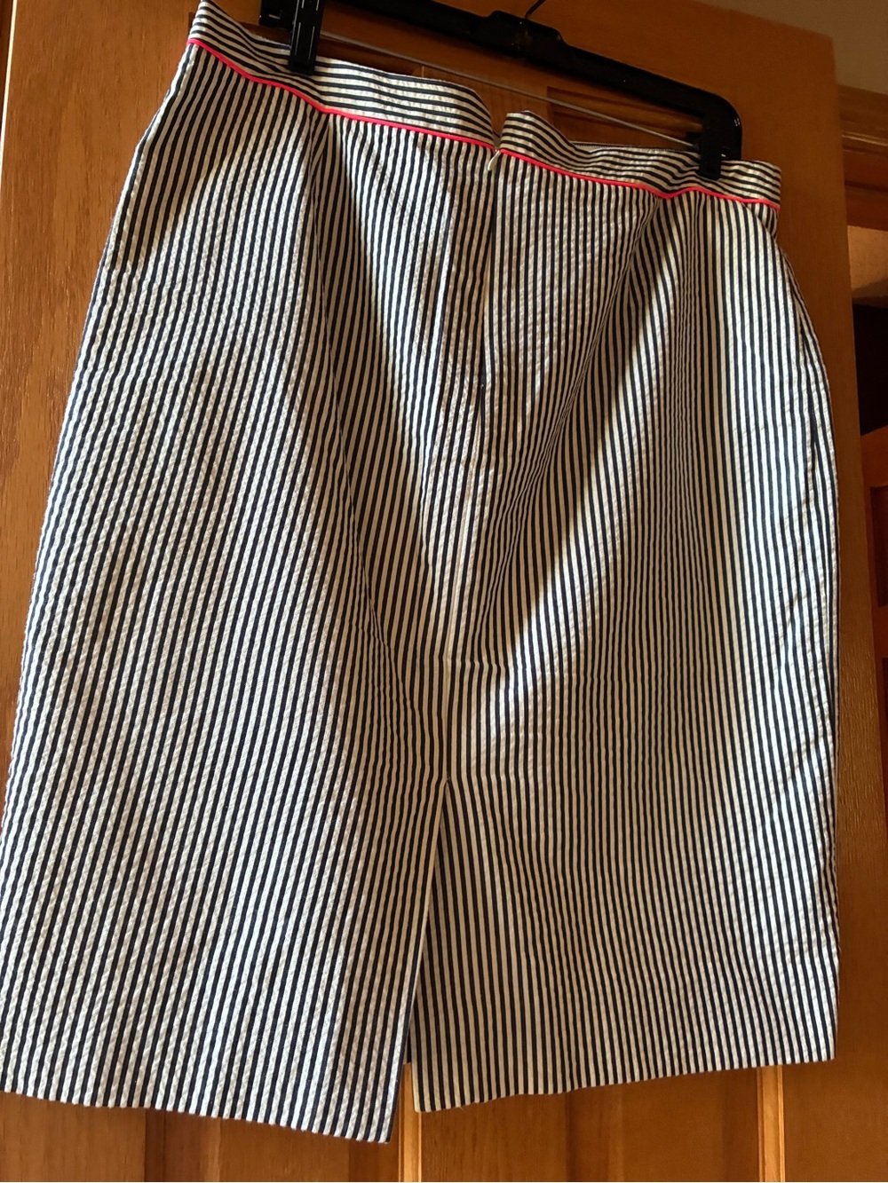 J. Crew navy and-White Striped Pencil Skirt with Pink Waist Trim